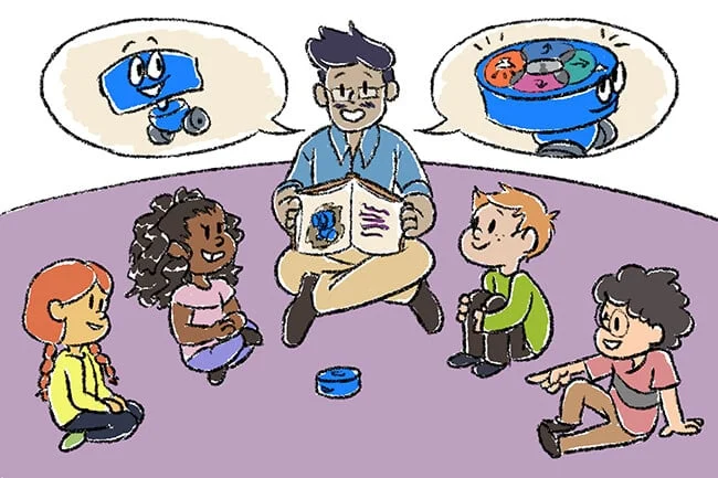 Illustration of a group of students gathered around a 123 Robot, with a teacher holding a manual and discussing the features of the robot.