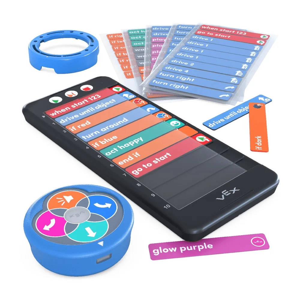 A VEX 123 robot kit including a blue 123 Robot, a VEX Koder with plastic coding cards inserted, additional stacks of coding cards for different actions and conditions, and an Art Ring.