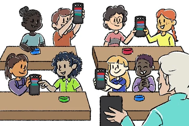Illustration of students and a teacher in a classroom. Each pair of students has a 123 Robot at their desk and a Koder which they are holding up to share their projects.