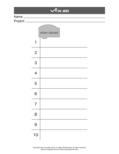 Delovni list za načrtovanje projektov v obliki PDF za tiskanje z 10 vrsticami praznih blokovnih ukazov za blokom &raquo;Ko se zažene&laquo;, ki ga je mogoče uporabiti za načrtovanje in shranjevanje projekta.