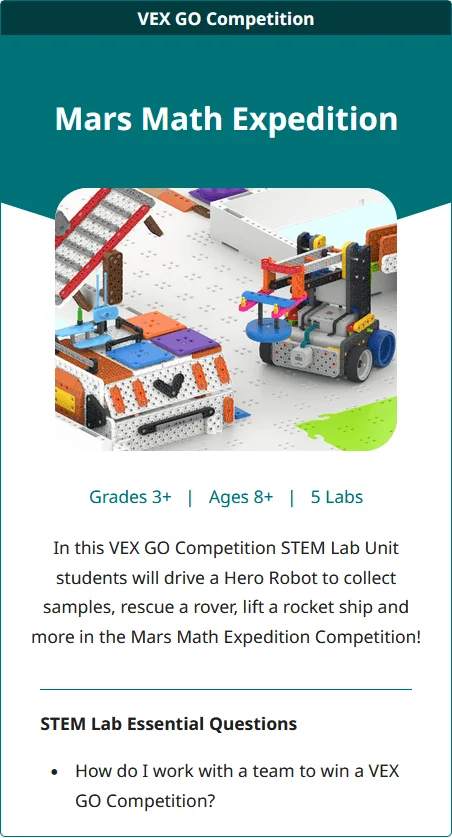Tile image for the Mars Math Expedition VEX GO Competition STEM Lab Unit.