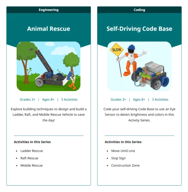 Row of two VEX GO Activity Series tiles that each link to a VEX GO Activity Series.