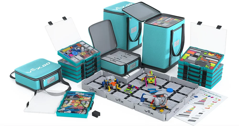 Product image for the VEX GO Classroom Bundle, with cases full of GO pieces, GO Field Tiles, kits, posters, and more.