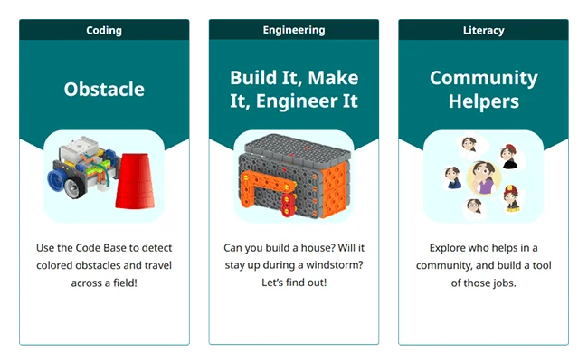 Row of three VEX GO Activity tiles that each link to a VEX GO Activity.