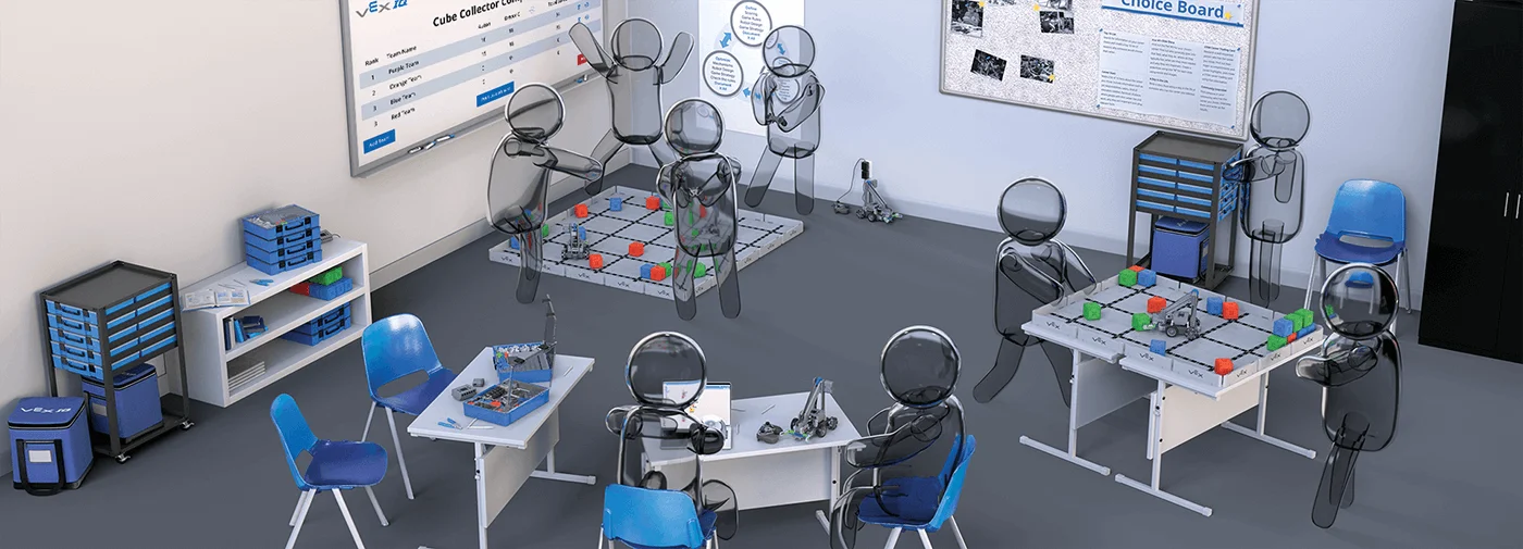 Cartoon depiction of students engaging in groups with VEX IQ materials in a classroom setting.