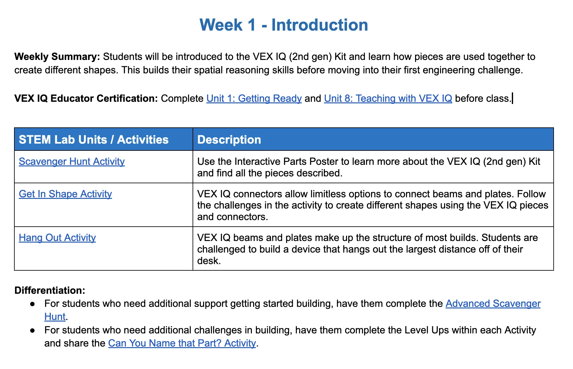 Page from an Introduction page from the Engineering Focus doc used as an example. The page has a table of activities to be taught in the first week.