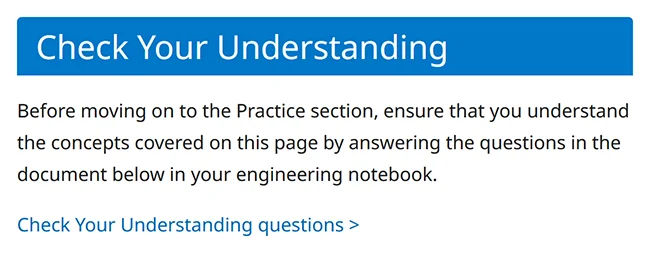 Example of a Check Your Understanding section at the bottom of a STEM Lab's Learn and Practice page.